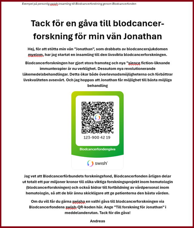 exempel på personlig swish-QR-kod till Blodcancerfonden