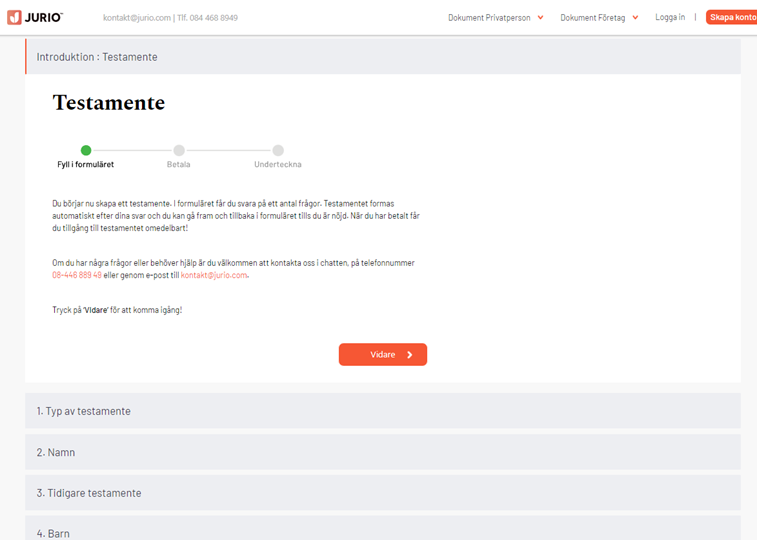 skärmdump Hur man skapar testamente via Jurios webbplats