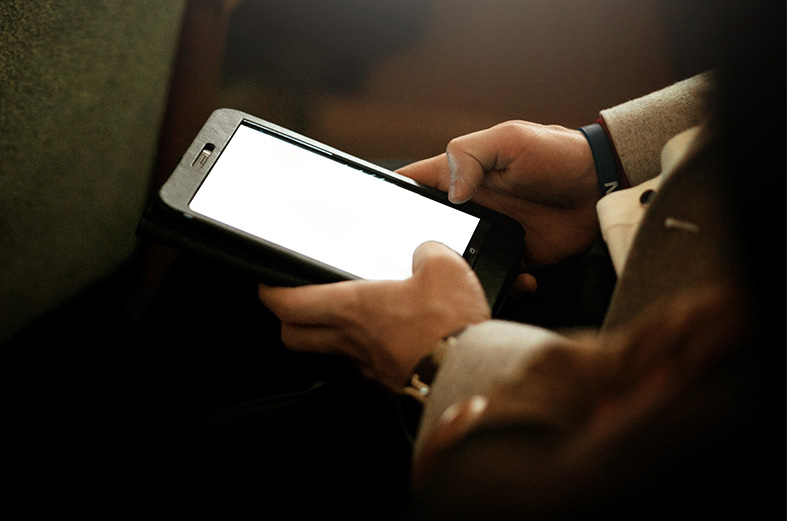 Stylish Man Holding Tablet With Empty White Screen YVVEZUQ